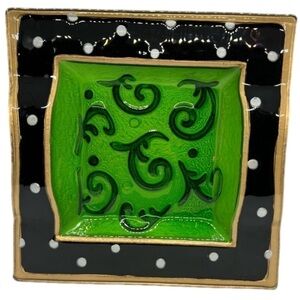 Vintage Art Glass Hand Blown & Painted Black & Green Polka Dot Serving Bowl,